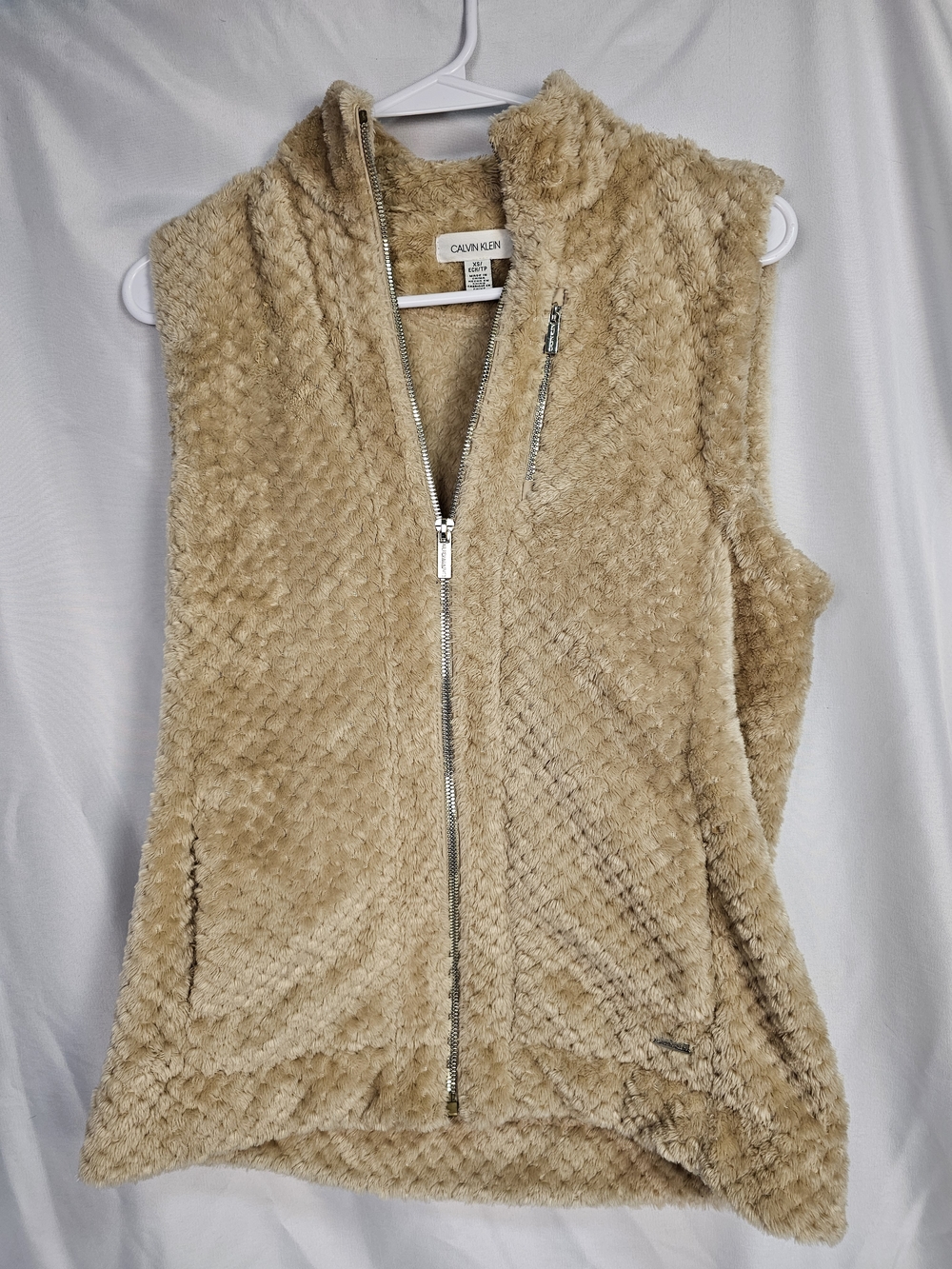 Calvin Klein Plush Faux Fur Zip-Up Vest in Beige